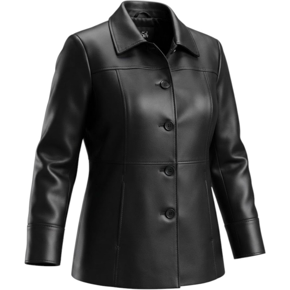 East 5th Womens Black Genuine Nappa Leather Jacket Coat Button Front Size Large